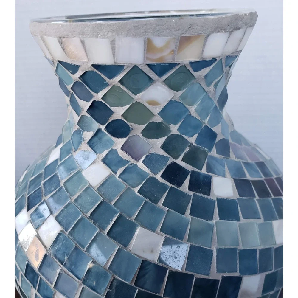 Mosaic 12 Inch Tall Blue White Tiled Glass Large Vase